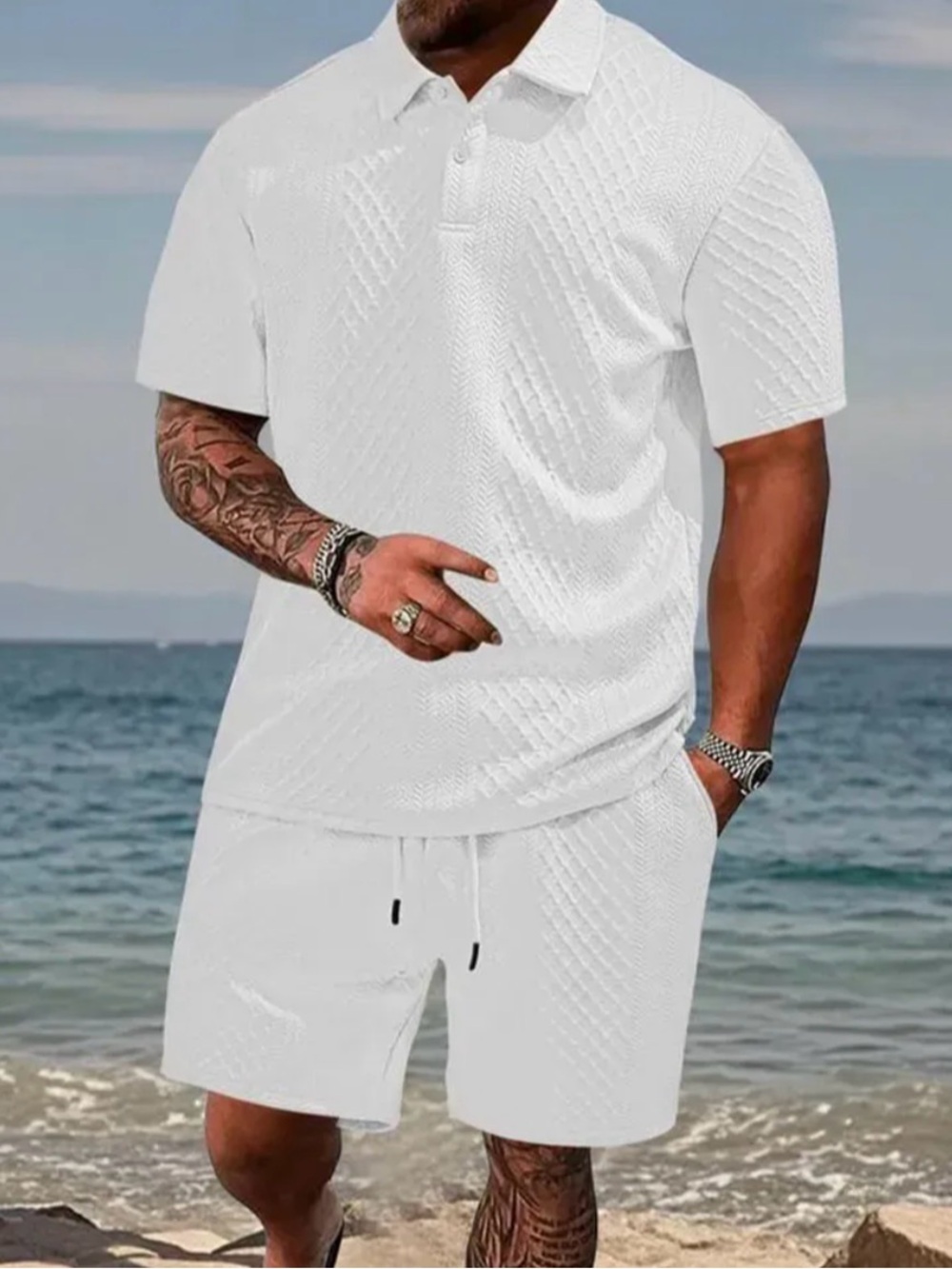 Classic Men's White Textured Polo Shirt & Shorts Set XXL